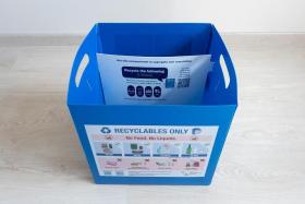 Every residential household in Singapore can collect a home recycling box, known as Bloobox, to hold recyclable items at home.