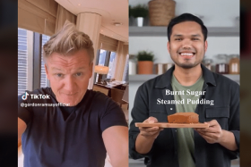 A screengrab from Gordon Ramsay&#039;s reaction video to Khairul Aming&#039;s burnt sugar steamed pudding.