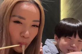 Influencer Naomi Neo and her son on a family outing to Japanese fine-dining omakase restaurant Sushi Yujo in Tanjong Pagar Road.