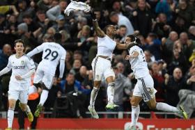 Leeds&#039; Crysencio Summerville (second from right) celebrating scoring his team&#039;s second goal against Liverpool on Saturday. 