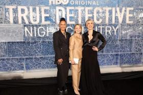 (From left) Actresses Kali Reis and Jodie Foster, and director Issa Lopez at the Los Angeles premiere of True Detective: Night Country on Jan 9.