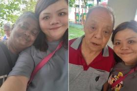 Ms Priscilla Ong with a rental flat resident from Yishun whom she affectionately calls "smiley auntie" (left), and with another rental flat resident Mr Toh.