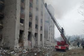 A view of a residential building damaged during an air strike in Chernihiv, Ukraine, on March 13, 2022. 