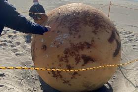 A ball is seen on a beach in Hamamatsu, Japan, on Feb 22, 2023.