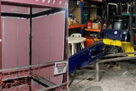 In separate workplace incidents, a worker fell while working at a lift shaft (left) and a technician died after a forklift machine fell on him.