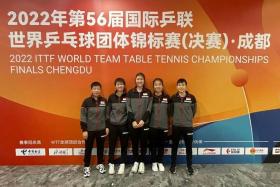 Singapore&#039;s women&#039;s table tennis team comprising (from left) Zeng Jian, Goi Rui Xuan, Wong Xin Ru, Zhang Wanling, Zhou Jingyi.