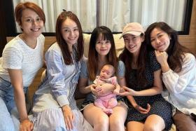(From left) Priscelia Chan, Apple Hong, Jayley Woo (with her baby), Jesseca Liu and Michelle Chia have reunited once more.