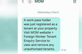 Madam Lim received this SMS notification which led to her discovering two migrant workers were registered to her condo.