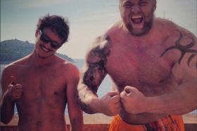 Was this pre-battle or post-battle? Game of Thrones star Pedro Pascal (left) shared this photo of co-star Hafthor Julius Bjornsson, a.k.a The Mountain, towering above him. 