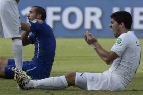 Luis Suarez (right) has been charged for biting Giorgio Chiellini (left) during Uruguay&#039;s 1-0 win over Italy at the World Cup. 