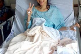 STRONG-WILLED: Ms Choo Mei Sze in a post-surgery shot (above) and just after the surgery.