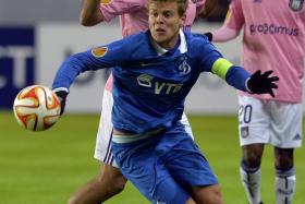 Dynamo Moscow&#039;s Aleksandr Kokorin (front) in action during a Uefa Europa League round of 32 match in February