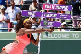 WAY TO GO: At the age of 33, Serena Williams is still the woman to beat at major tournaments, as seen from her recent win at the Miami Open where she posed with the WTA Finals&#039; Road to Singapore sign post.