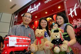 WINNERS: (From left) Mr Peter Lo, Madam Rachel Yeo and Madam Soh Hui Ling won a visit to the media preview of the first Hamleys store in Singapore via a Facebook contest held by Plaza Singapura.