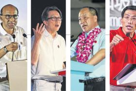 ENTHRALLING: (From left) People’s Action Party’s Lee Hsien Loong, Tharman Shanmugaratnam, Lim Swee Say, Workers’ Party’s Low Thia Khiang, Singapore Democratic Party’s Chee Soon Juan and Paul Tambyah.