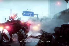 A screenshot from the Singapore level of Battlefield 4 depicting a road sign showing the way to Changi Airport.