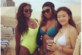 BIKINI BABE: Serena Williams flaunting her shapely body (above, centre). She arrived at Perth Airport (top inset)yesterday for the Hopman Cup.
