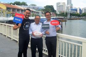 THIS IS THE PLACE TO PARTY: (From left) Former national rugby player Paul Foster, Rugby Singapore chairman Low Teo Ping and Clarke Quay centre manager Adrian Lai at the announcement event, which unveiled Clarke Quay as the official after party partner of the HSBC World Rugby Singapore Sevens.