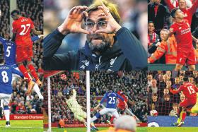 ANFIELD ANNIHILATION: Klopp (top centre) tastes victory in his first Merseyside Derby, with goals from (anti-clockwise from left) Origi, Sakho, Sturridge and Coutinho.