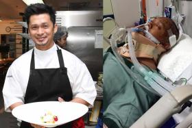 BEFORE &amp; AFTER: (Left) Mr Muhammad Haikal Johari working as a chef in Bangkok and when he was in hospital after the accident (right).