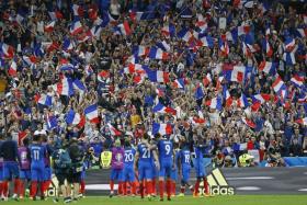 ALLEZ LES BLEUS: France players celebrating with their fans after their last-gasp win over Romania.