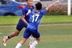 ON TO THE FINAL: Shahrulnizam Mazlan (left) celebrating with teammate Mohammad Nizam after scoring the only goal for Hong Kah Secondary School to send them to the National Schools&#039; B Division final.  