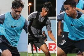 from L-R: Geylang defender Anders Aplin, Garena Young Lions&#039; right back Rusyaidi Salime and Tampines Rovers defender Shannon Stephen