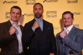 Richie Woodhall, Rio Ferdinand and Mel Deane pose after the press conference 