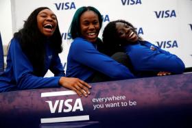 Nigerian women&#039;s bobsled team Ngozi Onwumere, Akuoma Omeoga and Seun Adigun during an event in Lagos, Nigeria, before the Pyeongchang Winter Olympics.