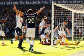 West Brom&#039;s Jake Livermore (No. 8, half kneeling) scoring their last-gasp goal against Tottenham which saw them stave off relegation, for now.