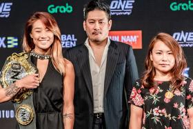 ONE Championship&#039;s atomweight world champion Angela Lee (far left) will face the challenge of Mei Yamaguchi (far right) on Friday. With them is Chatri Sityodtong, chairman and chief executive of ONE Championship.