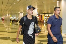 Angel di Maria arriving at the Changi Airport on Sunday morning (Singapore time).