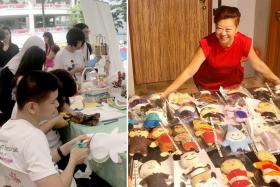 (Right) Ms Joanne Leow with the plushies that will go on display in Marine Parade. (Left) One of the sessions where volunteers worked with autistic children to create the plushies. 