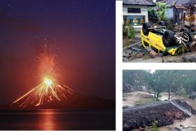 (Left) A long-exposure photo shows lava erupting from Mount Anak Krakatau volcano as seen from Rakata Island in Lampung province, Indonesia, on July 19. (Right) Handout photos made available by the Indonesia's national disaster management (BNPB) show the damage after a tsunami struck along the rim of the Sunda Strait.