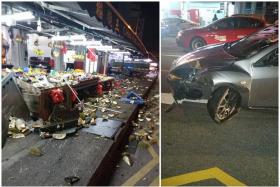 (Left) The durian stall at the junction of Sims Avenue and Lorong 13 Geylang. (Right) The damaged car. 