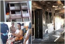 (Clockwise from top left) The fire raged outside the flat at Block 492E, Tampines Street 45. The charred corridor after the fire. Mr Nazarudin Nordin being checked by SCDF officers. 