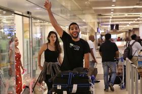 Nas Daily founder and travel vlogger Nuseir Yassin and his girlfriend Alyne Tamir arriving at Changi Airport Terminal 2 on 17 April 2019.