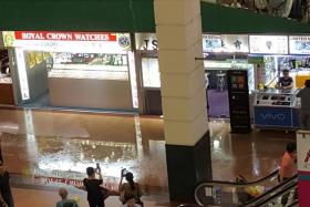 An afternoon downpour flooded shops in People&#039;s Park Complex in Chinatown yesterday. Shopkeepers said rainwater started flooding the carpark at about 1.20pm, before entering the first three storeys of the complex. Ms Emerald Tang, 33, said many of her perfume products, including luxury brands such as Chanel and Dior, were damaged. 