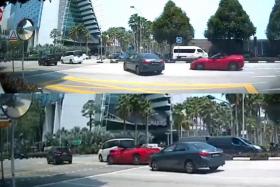 A video shows a grey Toyota Altis turning into Bayfront Avenue. The red Ferrari veers right to avoid it but slams into the back of a white vehicle.  