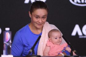 World No. 1 Ashleigh Barty, with her niece Olivia, at her post-match press conference after losing the women&#039;s singles Australian Open semi-final against Sofia Kenin.  