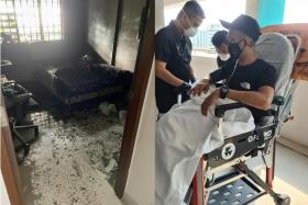Most of the furniture in the tenant&#039;s room were burned in the fire, the cause of which is under investigation. (Above, right) Mr Muhammad Nasiruddin Md Khalid was taken to hospital after the incident. 
