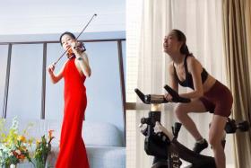 (Left) Sharon Au practising the violin while serving her stay-home notice. (Right) Fiona Fussi spinning on a CruCycle Studio Bike in her hotel room.