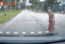 An elderly pedestrian crossed the road despite the traffic light not being in her favour, giving both herself and other motorists a rude shock.