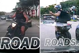 A motorcyclist was caught on camera flashing his middle finger at a driver despite his own reckless riding.