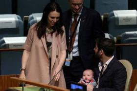 File photo showing New Zealand Prime Minister Jacinda Ardern, her partner Clarke Gayford and their baby daughter Neve, in happier pre-pandemic times, at the United Nations in 2018.