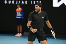 Matteo Berrettini wins a game point in the final set against Gael Monfils at the Australian Open, on Jan 25, 2022.