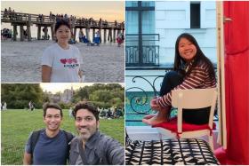 (Clockwise from top left) Ms Nicole Chee in Florida, Ms Ho Ming Xia in Paris and Mr Sudhir Vadaketh with a friend in New York.