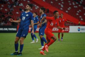 Shawal Anuar celebrates after scoring during the FAS Tri-Nations Series friendly tournament match between Singapore and the Philippines at the National Stadium on March 29, 2022.