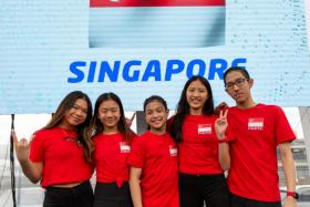 (From left) Kyra Poh, Vera Poh, Kai Minejima Lee, Isabelle Koh and Jordan Lee at the FAI World Cup of Indoor Skydiving. 