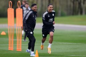 Leicester City's Wesley Fofana (left) and Youri Tielemans during training on April 27, 2022. 